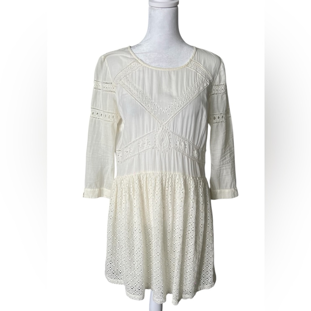 ba&sh cream  lace Pleated 3/4 Sleeve summer cotton Mini Dress